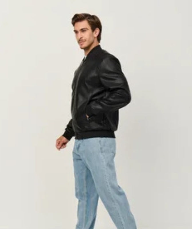 Men’s Black Bomber Leather Jacket | Casual Lightweight Outerwear
