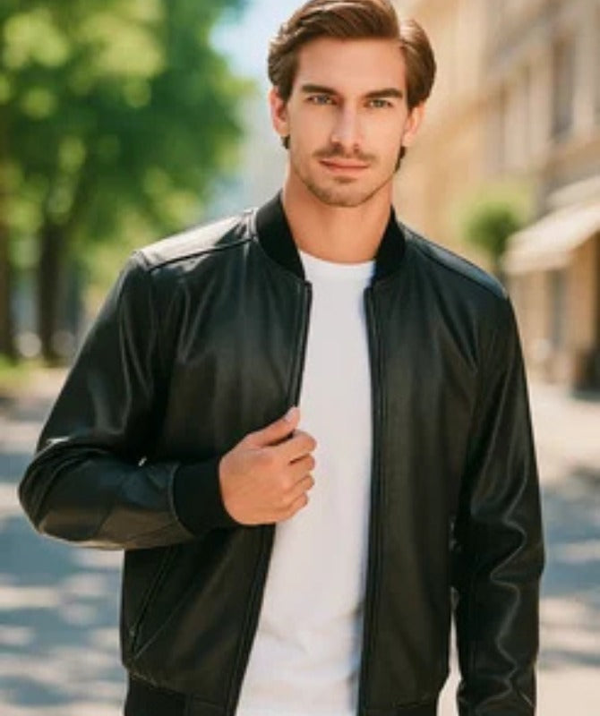 Men’s Black Bomber Leather Jacket | Casual Lightweight Outerwear