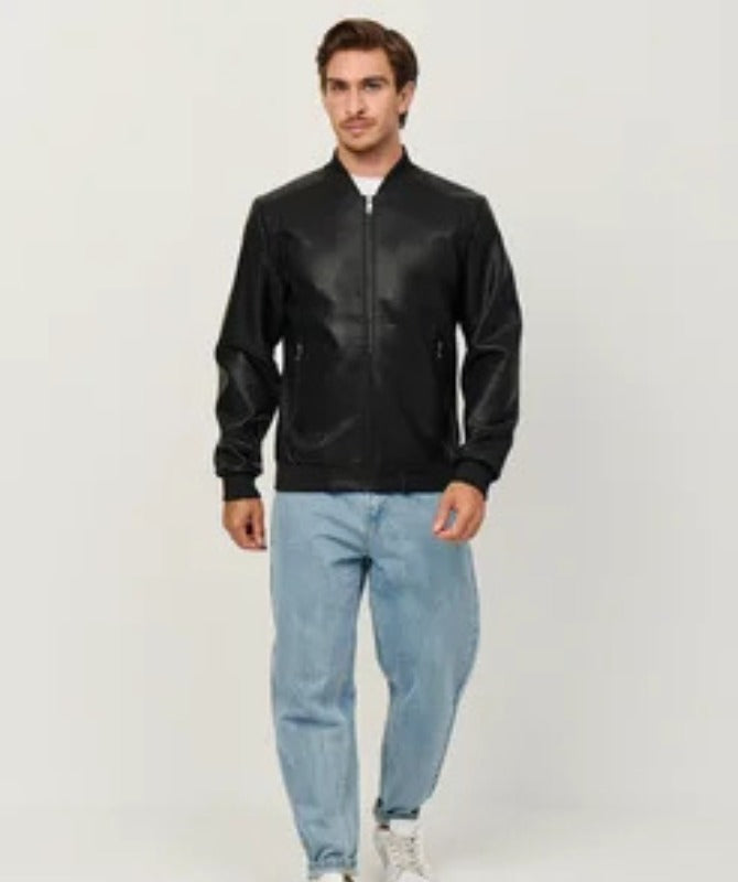 Men’s Black Bomber Leather Jacket | Casual Lightweight Outerwear