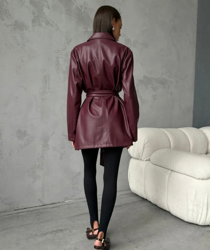Women’s Burgundy Sheep Leather Jacket – Oversized Luxury Streetwear Coat