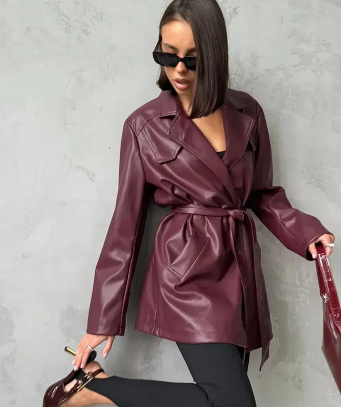 Women’s Burgundy Sheep Leather Jacket – Oversized Luxury Streetwear Coat