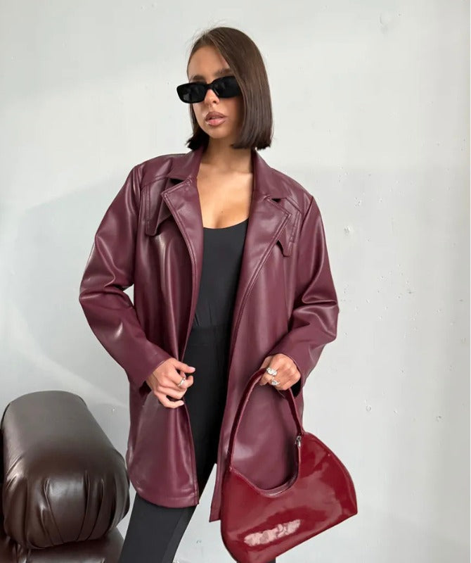 Women’s Burgundy Sheep Leather Jacket – Oversized Luxury Streetwear Coat