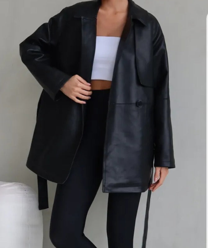 Women’s Black Sheep Leather Jacket – Oversized Luxury Moto Coat
