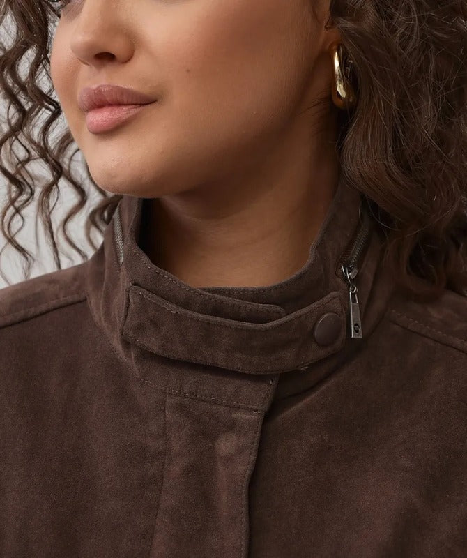 Women’s Brown Suede Sheep Leather Jacket – High-Neck Utility Style Coat