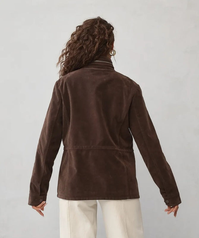 Women’s Brown Suede Sheep Leather Jacket – High-Neck Utility Style Coat