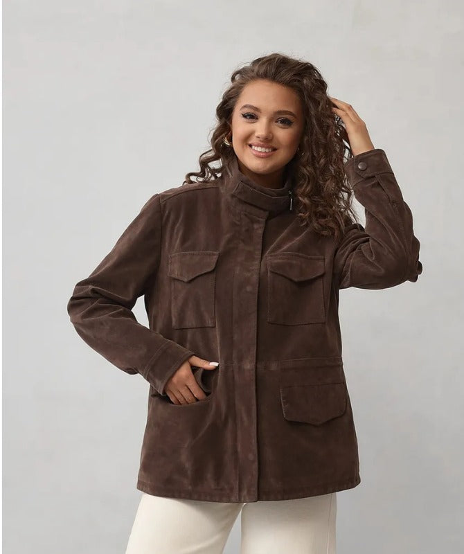 Women’s Brown Suede Sheep Leather Jacket – High-Neck Utility Style Coat