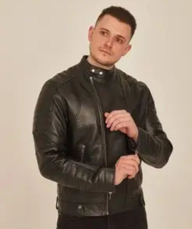 Men’s Black Leather Biker Jacket with Stand Collar | Slim Fit Motorcycle Style