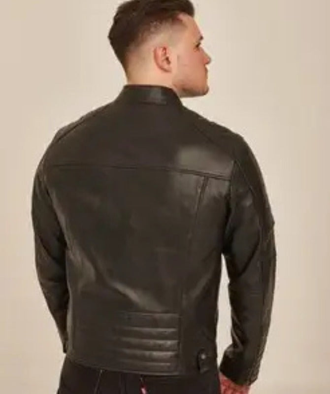 Men’s Black Leather Biker Jacket with Stand Collar | Slim Fit Motorcycle Style