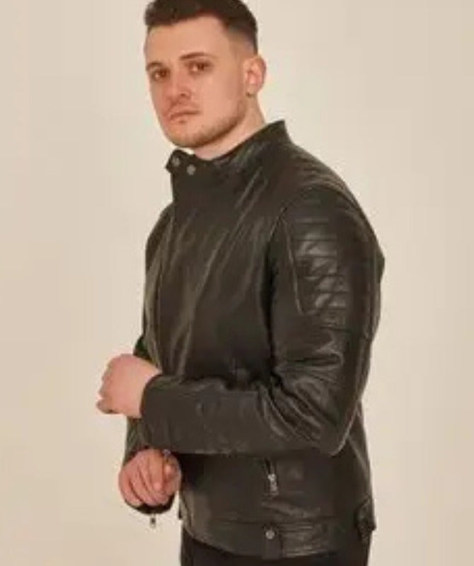 Men’s Black Leather Biker Jacket with Stand Collar | Slim Fit Motorcycle Style