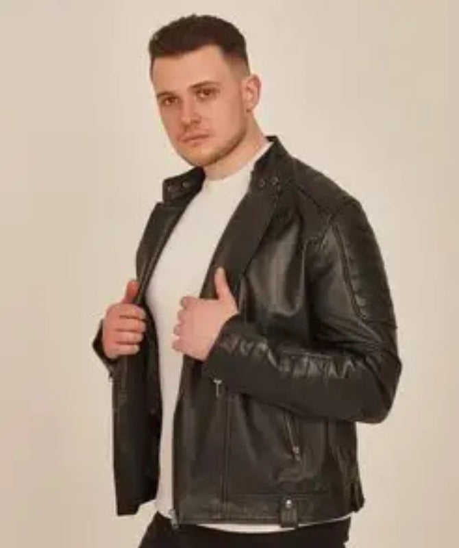 Men’s Black Leather Biker Jacket with Stand Collar | Slim Fit Motorcycle Style