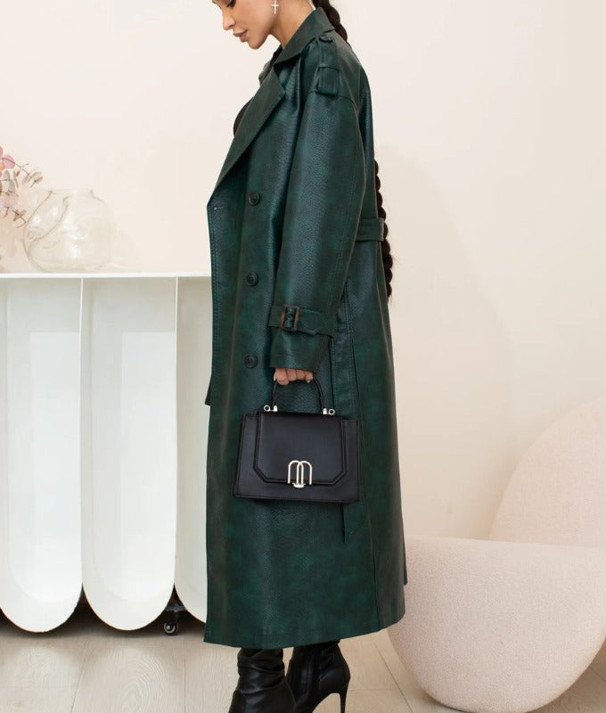 Women’s Dark Green Genuine Sheep Leather Trench Coat – Long Belted Classic Overcoat | Premium Real Leather Outerwear