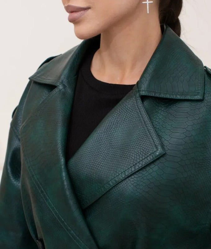 Women’s Dark Green Genuine Sheep Leather Trench Coat – Long Belted Classic Overcoat | Premium Real Leather Outerwear