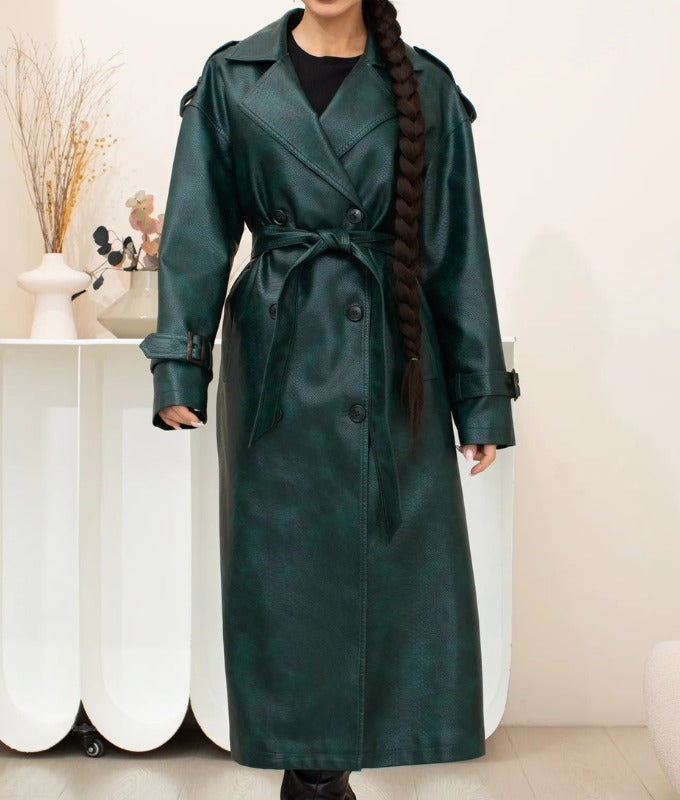 Women’s Dark Green Genuine Sheep Leather Trench Coat – Long Belted Classic Overcoat | Premium Real Leather Outerwear