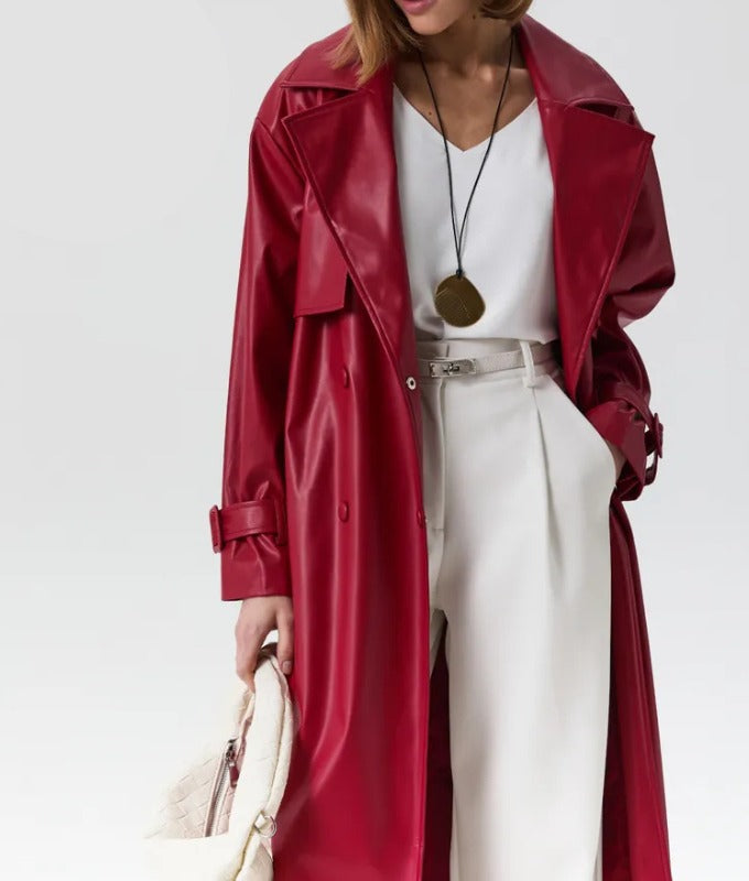 Women’s Red Genuine Sheep Leather Trench Coat – Long Belted Classic Overcoat | Premium Real Leather Outerwear