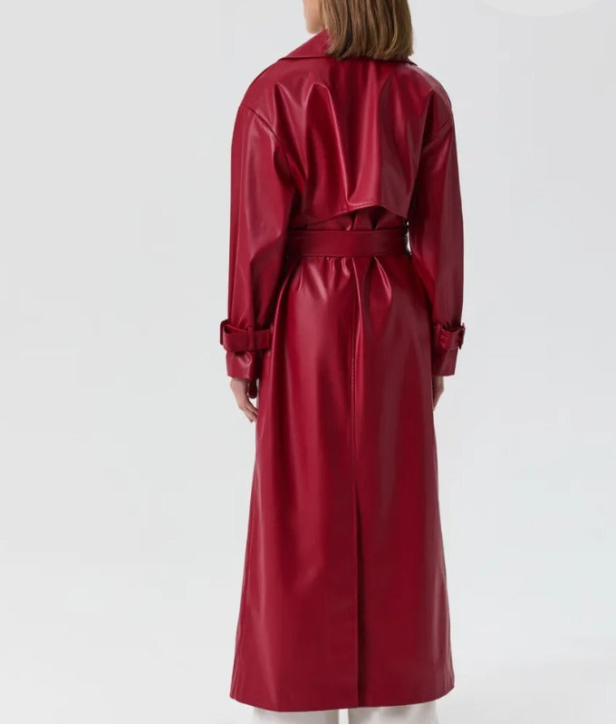 Women’s Red Genuine Sheep Leather Trench Coat – Long Belted Classic Overcoat | Premium Real Leather Outerwear