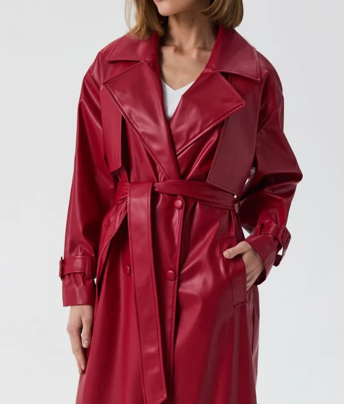 Women’s Red Genuine Sheep Leather Trench Coat – Long Belted Classic Overcoat | Premium Real Leather Outerwear