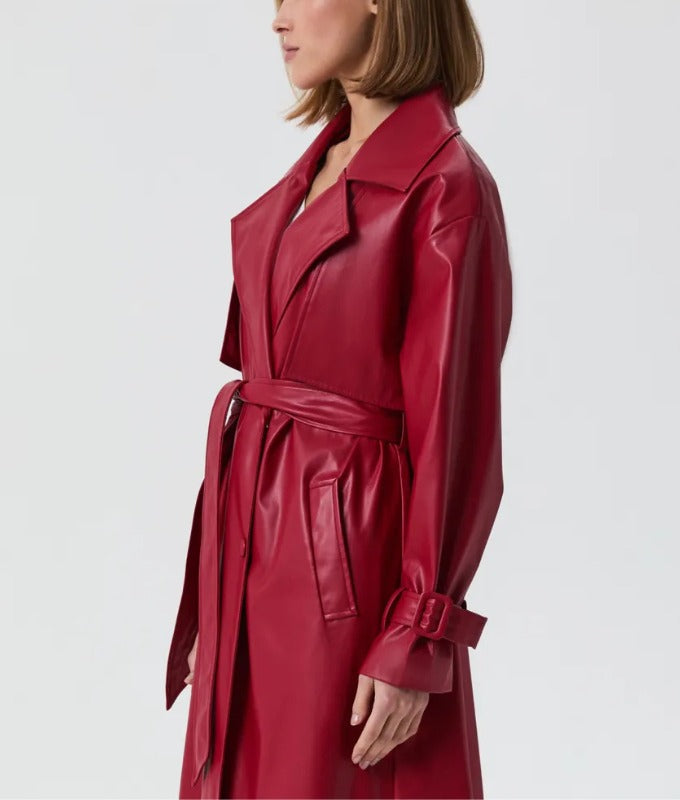 Women’s Red Genuine Sheep Leather Trench Coat – Long Belted Classic Overcoat | Premium Real Leather Outerwear