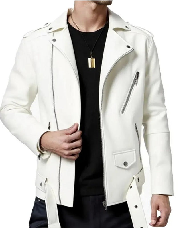 Men’s White Leather Biker Jacket | Stylish Slim Fit Motorcycle Jacket
