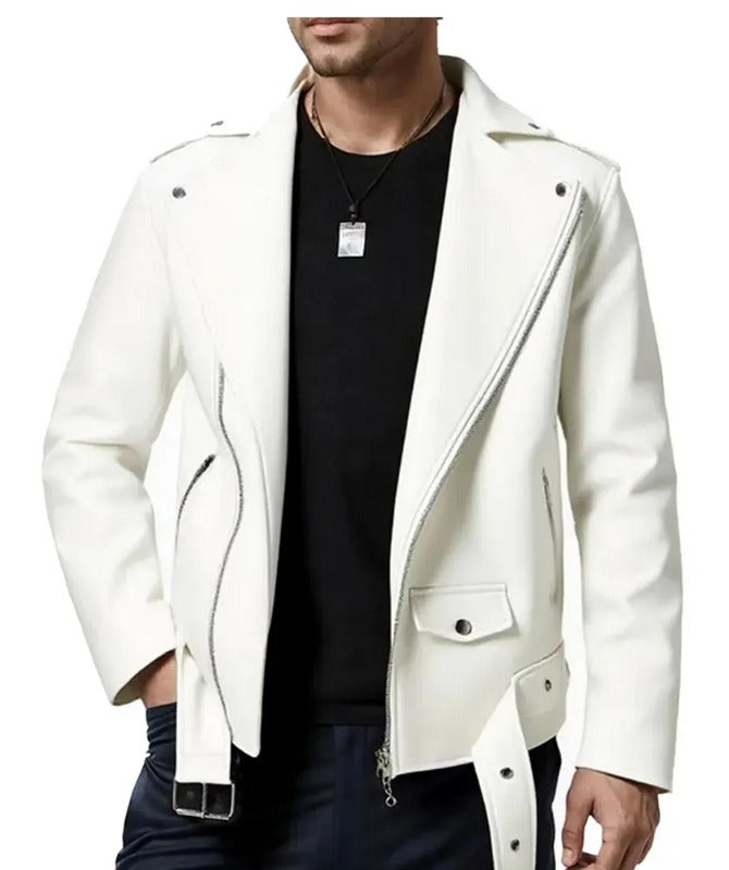 Men’s White Leather Biker Jacket | Stylish Slim Fit Motorcycle Jacket
