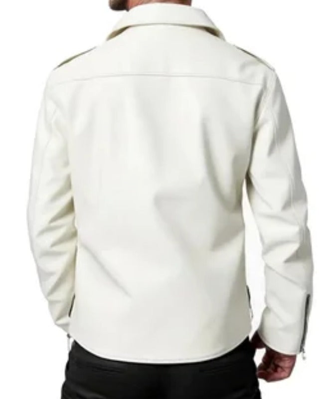 Men’s White Leather Biker Jacket | Stylish Slim Fit Motorcycle Jacket