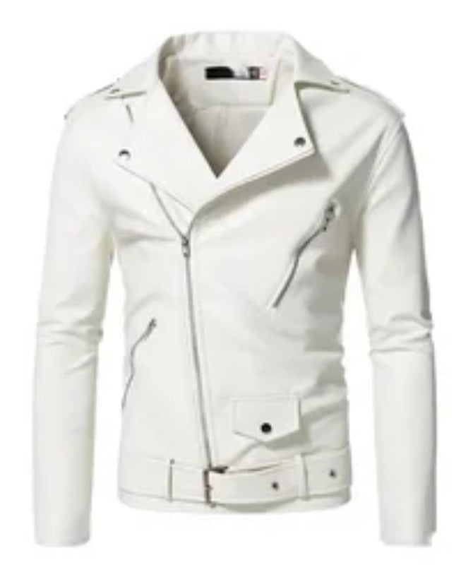 Men’s White Leather Biker Jacket | Stylish Slim Fit Motorcycle Jacket