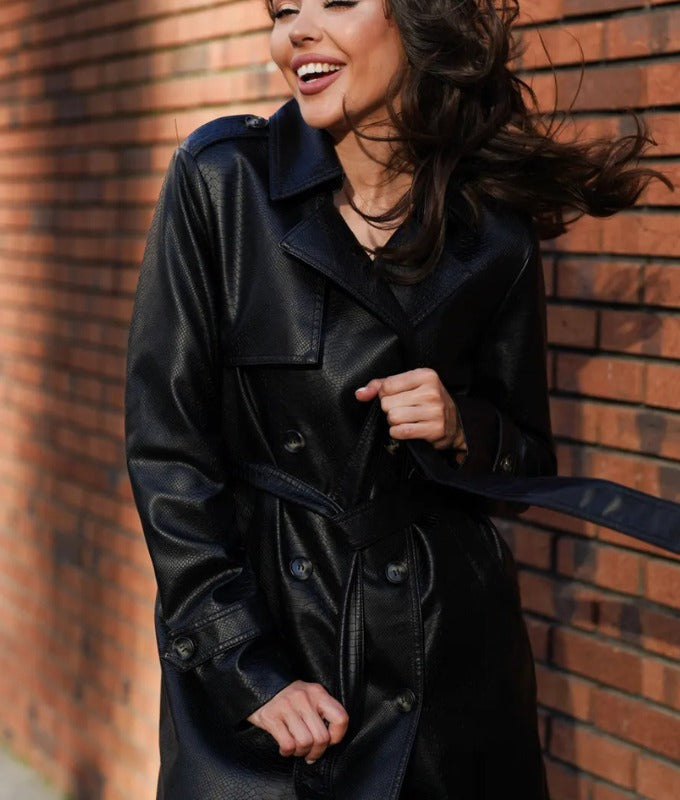 Women’s Textured Black Sheep Leather Jacket – Premium Scale Pattern, Button Cuffs & Structured Collar