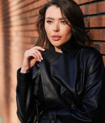 Women’s Textured Black Sheep Leather Jacket – Premium Scale Pattern, Button Cuffs & Structured Collar