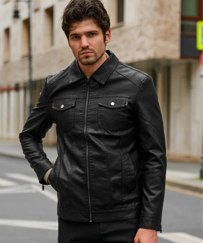 Men’s Slim Fit Black Leather Jacket | Modern Streetwear Style