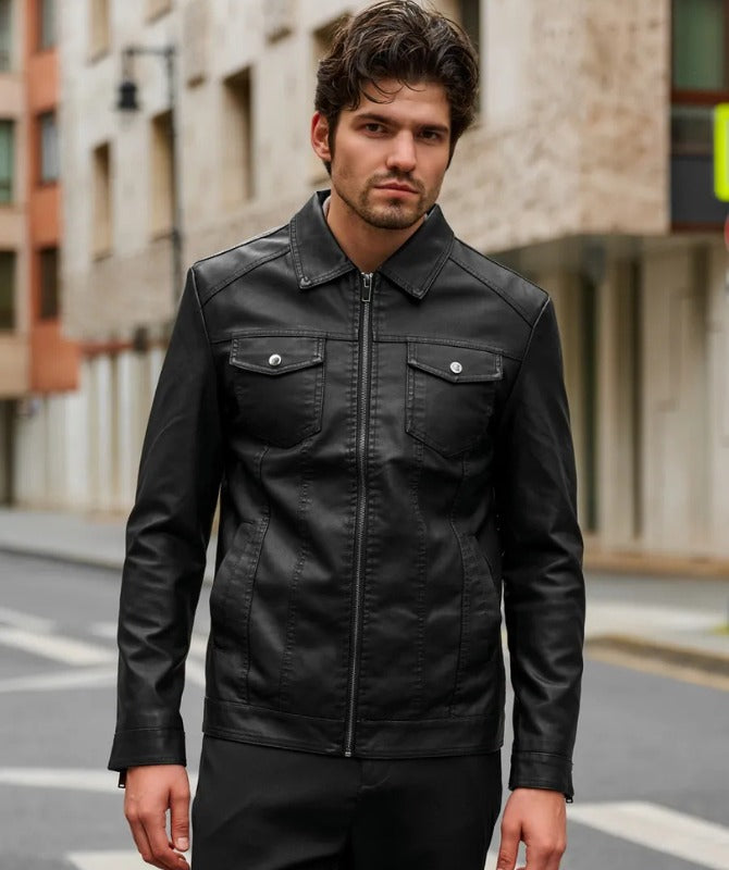 Men’s Slim Fit Black Leather Jacket | Modern Streetwear Style