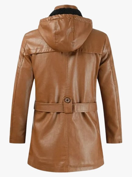 Men’s Tan Hooded Leather Coat | Stylish Long Jacket for Winter & Casual Wear