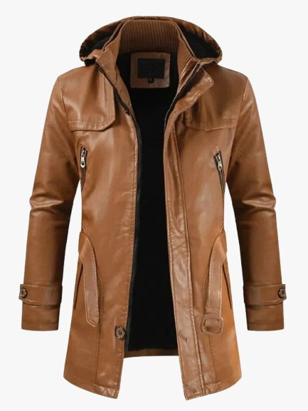 Men’s Tan Hooded Leather Coat | Stylish Long Jacket for Winter & Casual Wear