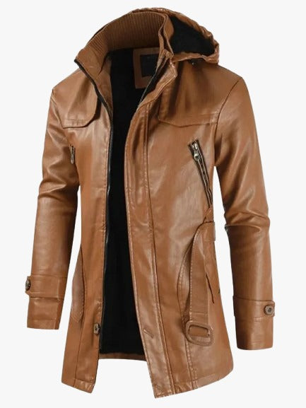 Men’s Tan Hooded Leather Coat | Stylish Long Jacket for Winter & Casual Wear