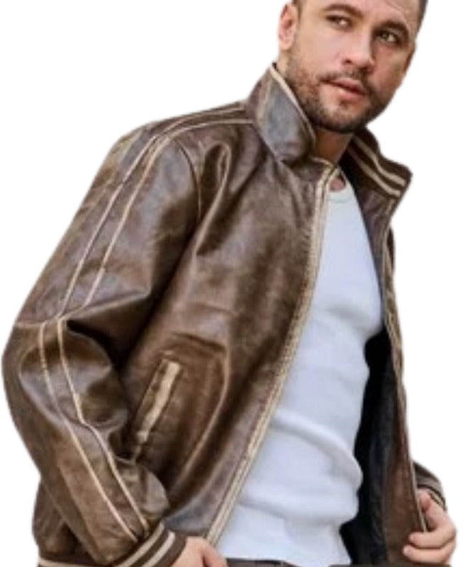 Men’s Brown Bomber Leather Jacket | Vintage Varsity Style with Ribbed Trim