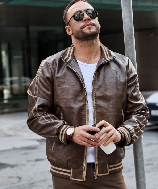 Men’s Brown Bomber Leather Jacket | Vintage Varsity Style with Ribbed Trim