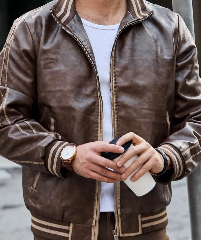 Men’s Brown Bomber Leather Jacket | Vintage Varsity Style with Ribbed Trim