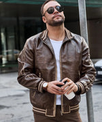 Men’s Brown Bomber Leather Jacket | Vintage Varsity Style with Ribbed Trim
