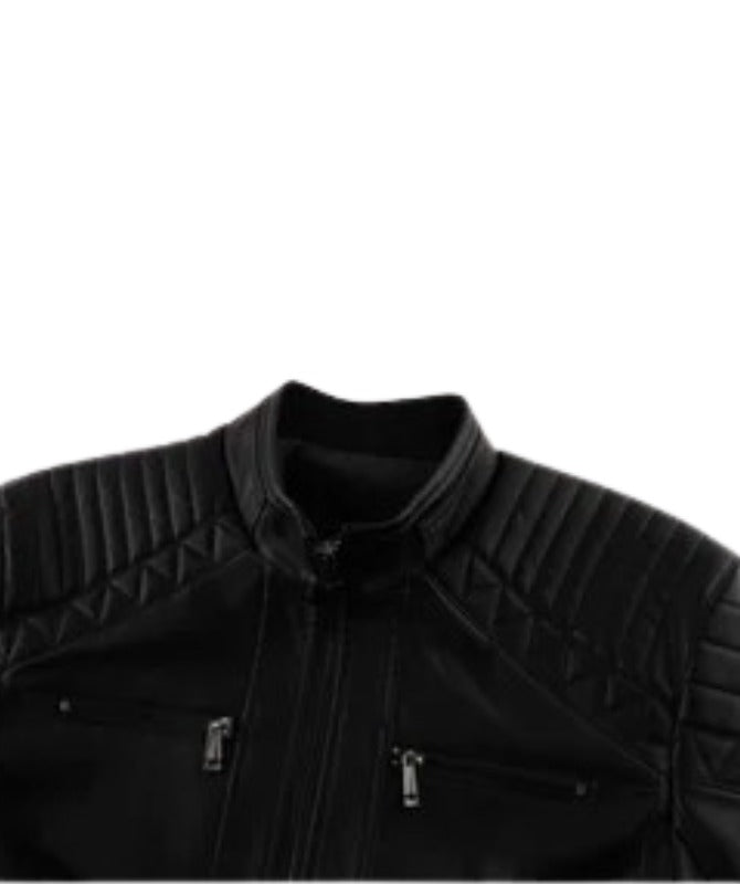 Men’s Quilted Black Leather Biker Jacket | Classic Slim Fit Moto Style