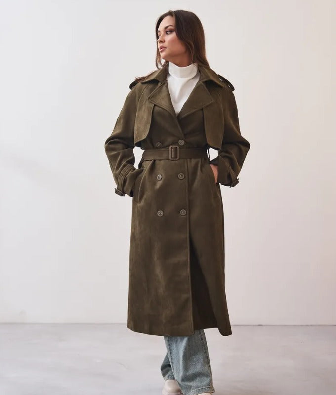 Women’s Dark Olive Green Trench Coat – Belted Waist, Double-Breasted & Epaulet Detail