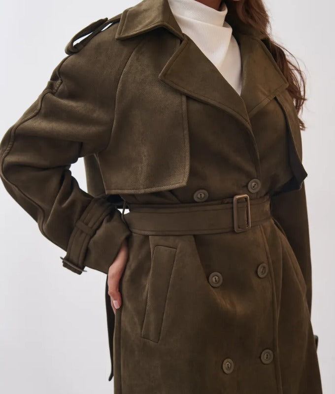 Women’s Dark Olive Green Trench Coat – Belted Waist, Double-Breasted & Epaulet Detail