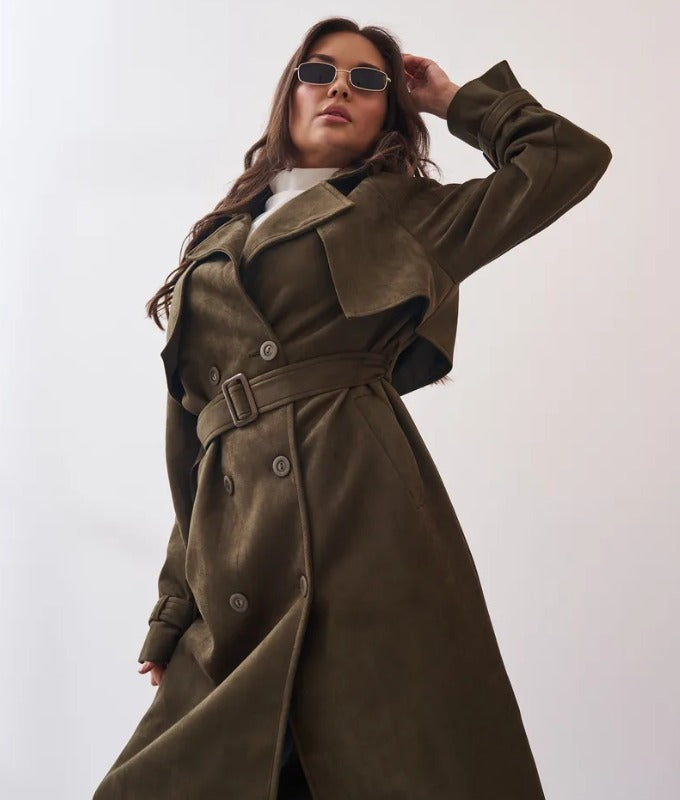Women’s Dark Olive Green Trench Coat – Belted Waist, Double-Breasted & Epaulet Detail