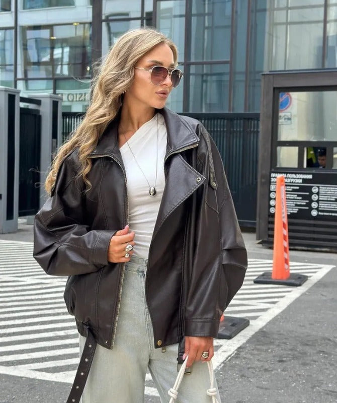 Women’s Oversized Brown Sheep Leather Jacket – Classic Moto Style with Belted Hem