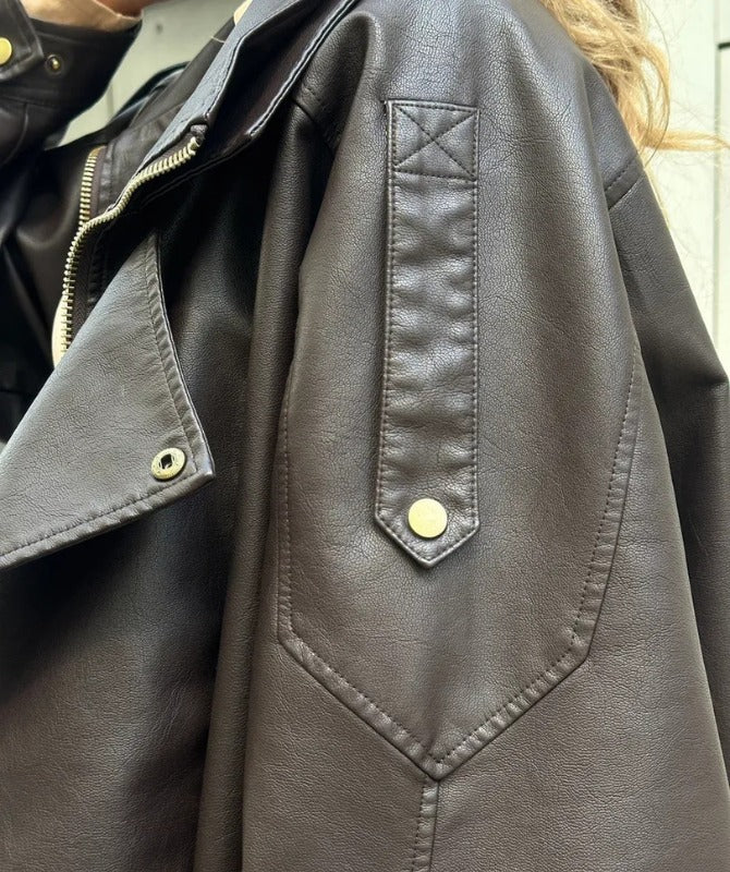 Women’s Oversized Brown Sheep Leather Jacket – Classic Moto Style with Belted Hem