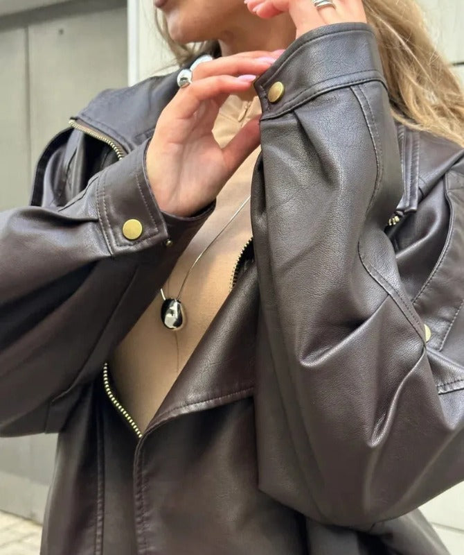Women’s Oversized Brown Sheep Leather Jacket – Classic Moto Style with Belted Hem