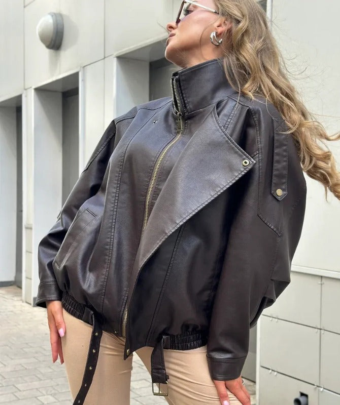 Women’s Oversized Brown Sheep Leather Jacket – Classic Moto Style with Belted Hem