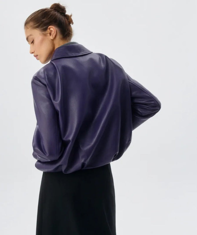 Women’s Purple Sheep Leather Jacket – Minimalist Cropped Bomber Style