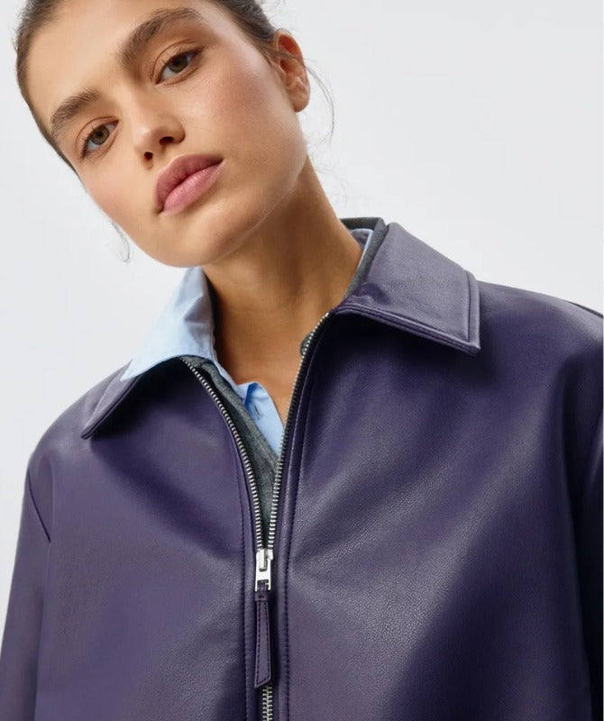 Women’s Purple Sheep Leather Jacket – Minimalist Cropped Bomber Style