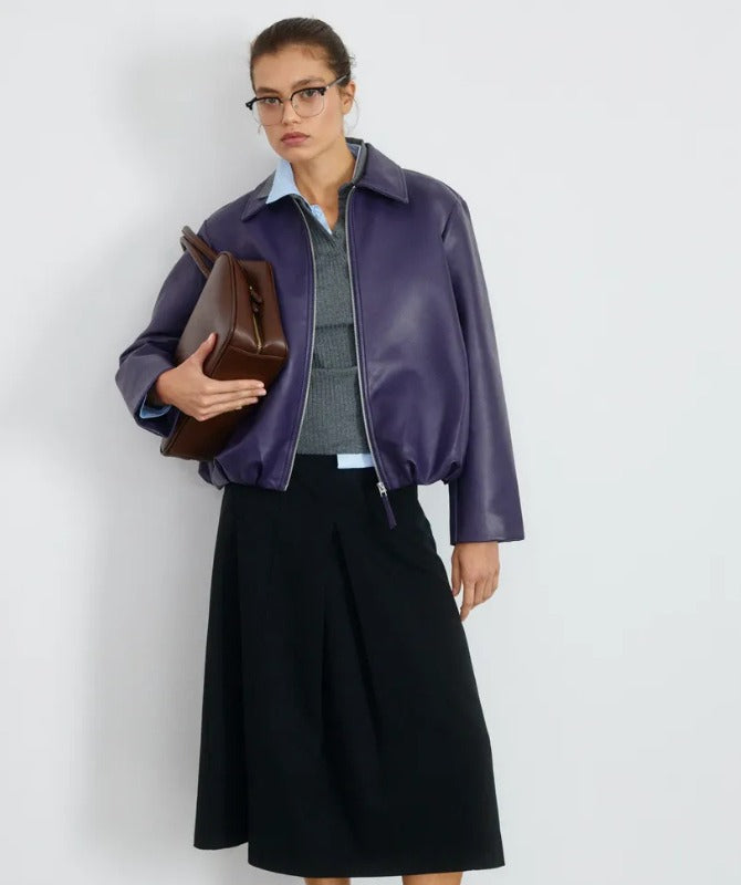 Women’s Purple Sheep Leather Jacket – Minimalist Cropped Bomber Style