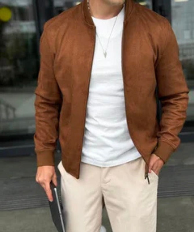 Men’s Brown Suede Leather Bomber Jacket | Soft Suede Finish Casual Outerwear