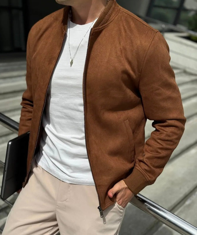 Men’s Brown Suede Leather Bomber Jacket | Soft Suede Finish Casual Outerwear