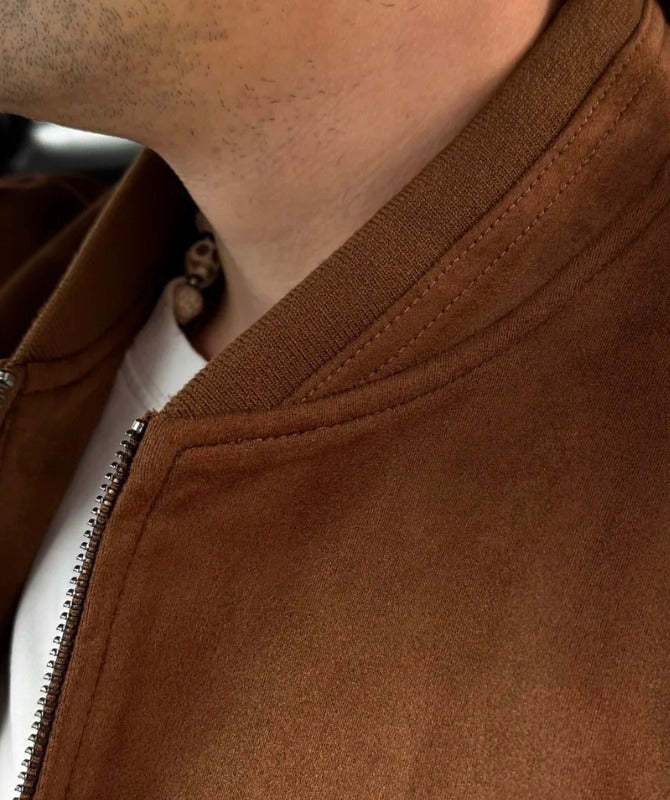 Men’s Brown Suede Leather Bomber Jacket | Soft Suede Finish Casual Outerwear